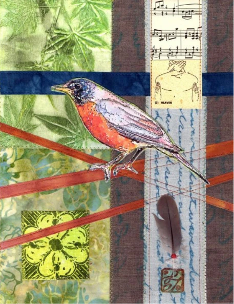 A collage-style art piece with a red robin in the middle
