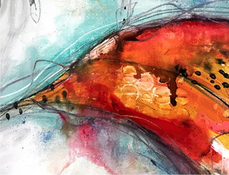 An abstract painting with a large red streak